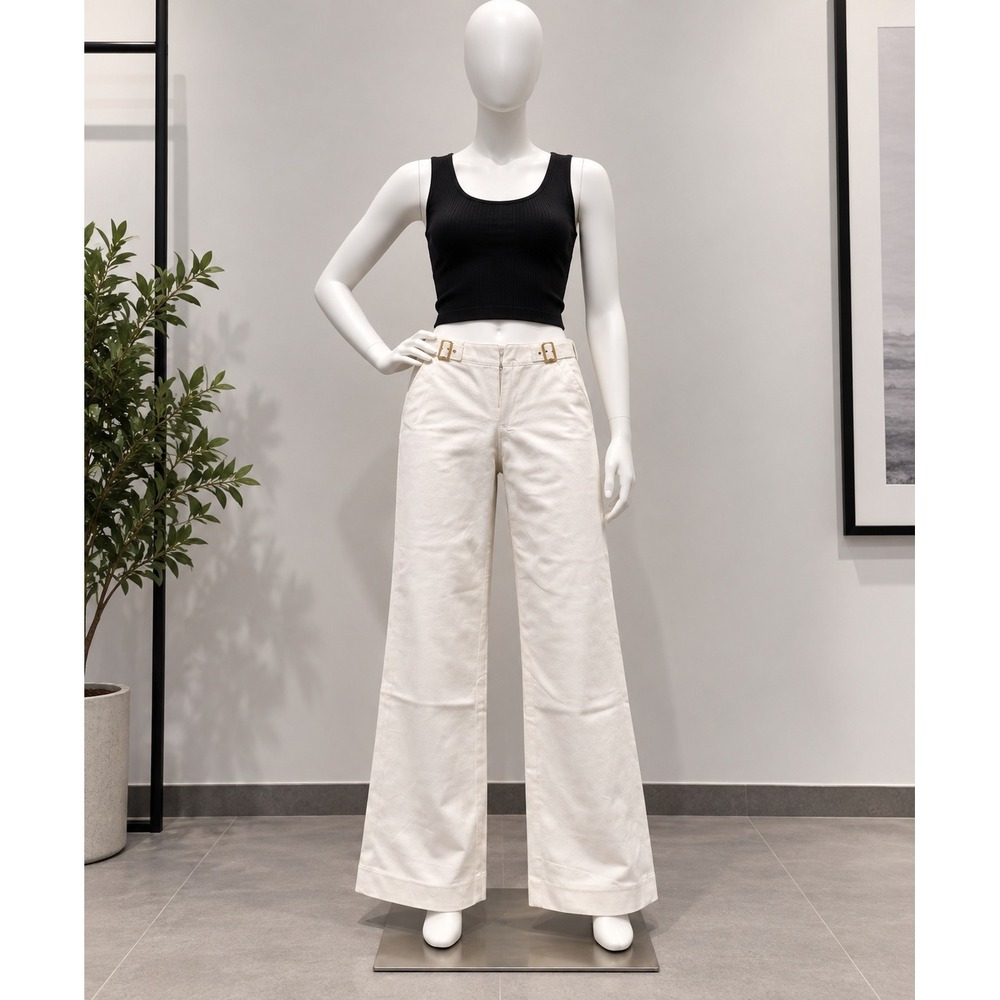 Anne Klein Dress Pants Womens 8 Cream Buckle Accent Wide Leg Trousers